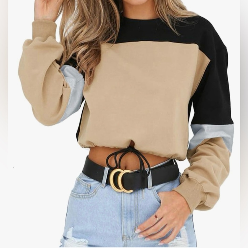 Color Block Lace Up Hem Crop Sweatshirt Casual Long Sleeve Top - Picture 3 of 6
